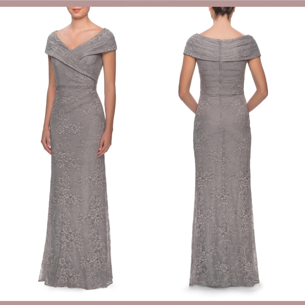 NEW $469 La Femme [ size 2 ] Portrait Neck Sparkle Lace Gown in Platinum‎